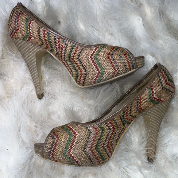Italian Henry Ferrera Tan Y2K Peep Toe Wicker Wood Heels Stiletto Pumps 8 Italy - Picture 3 of 16